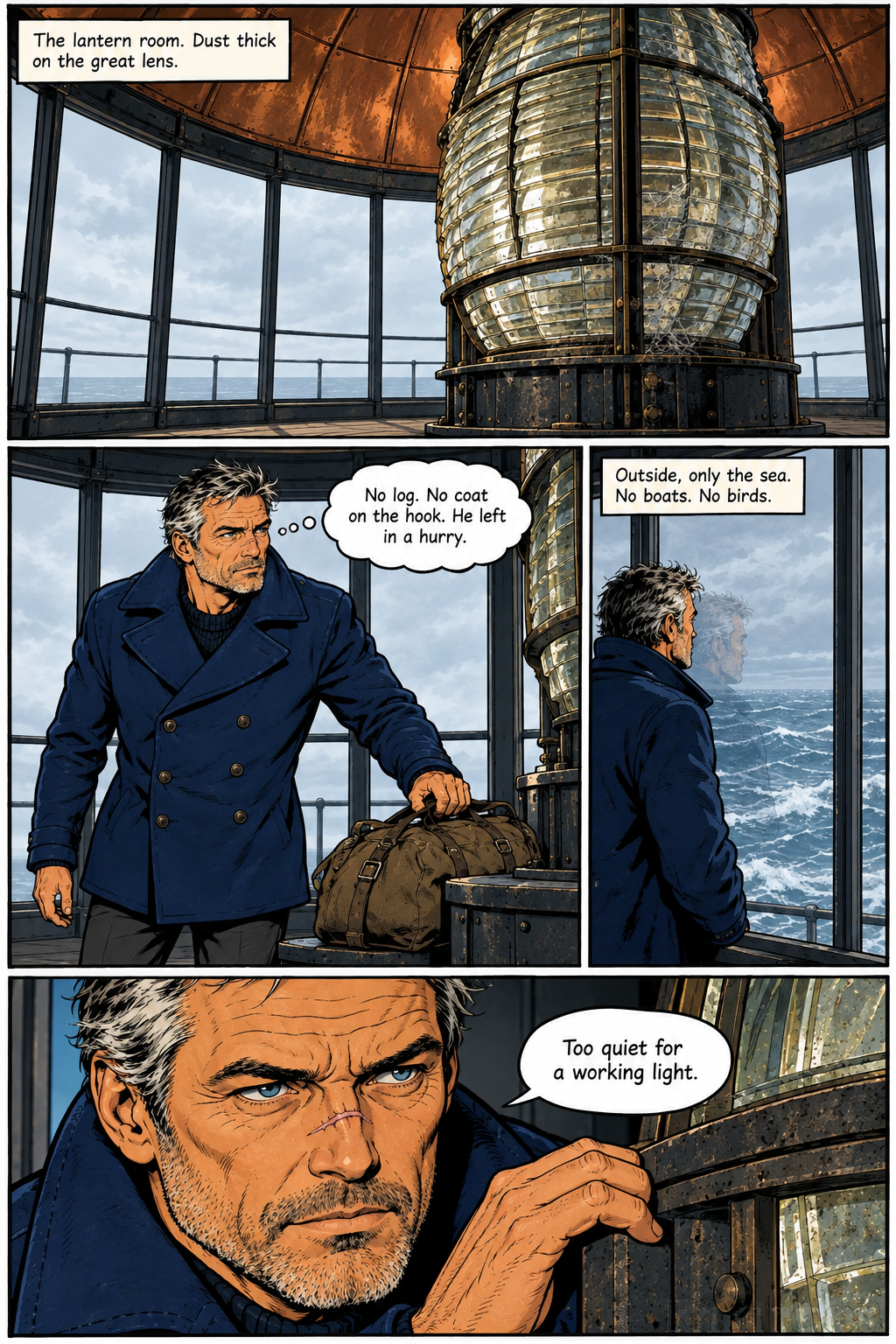 Elias, a man with salt-and-pepper hair and a scar on his nose, stands inside a lighthouse lantern room, observing the dusty lens and the open sea, and musing about the previous keeper's hurried departure and the unusual quietness of the lighthouse.