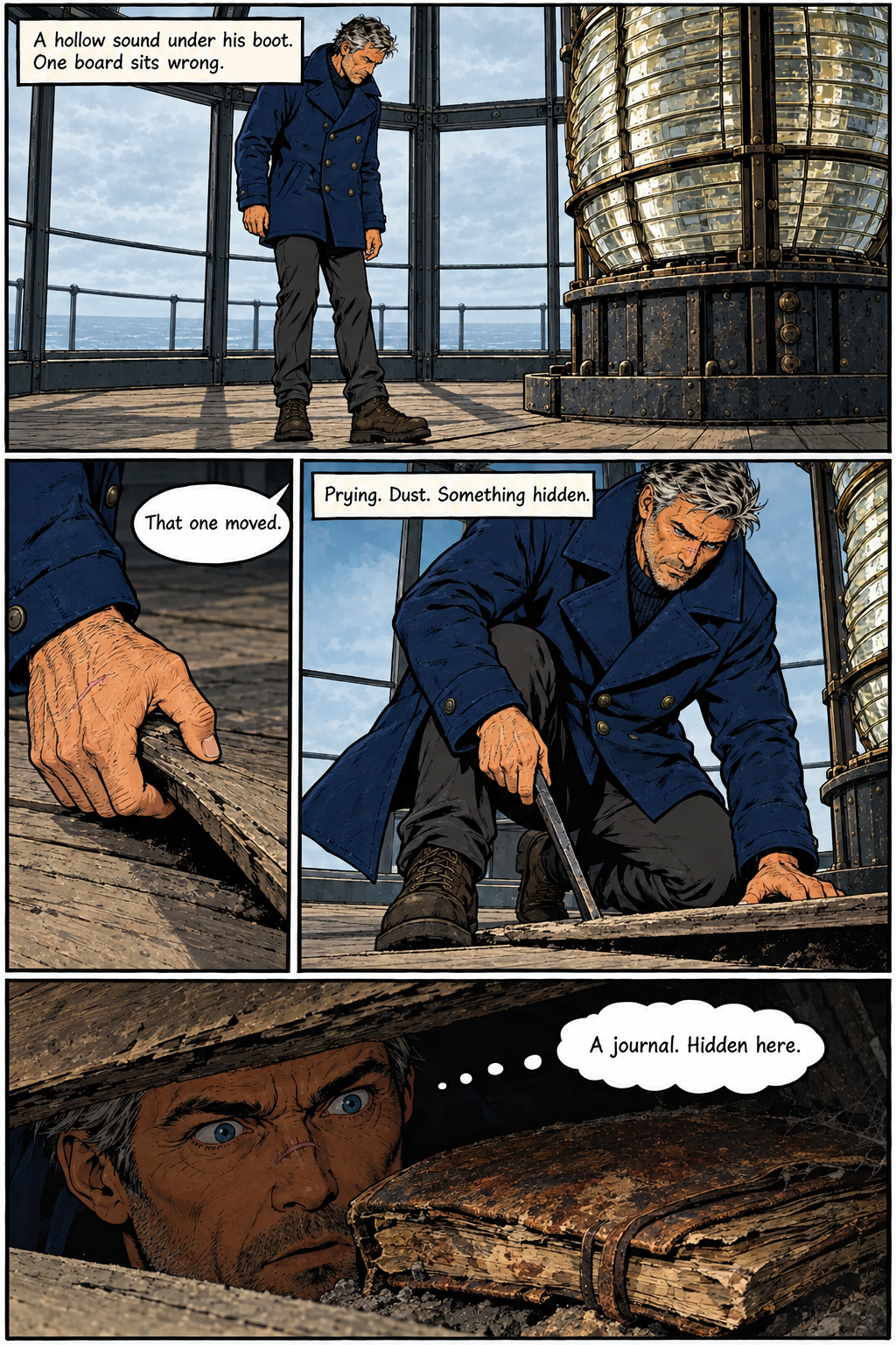 Elias stands in a lighthouse lantern room, then kneels to pry up a floorboard, revealing a dusty, old journal hidden beneath.