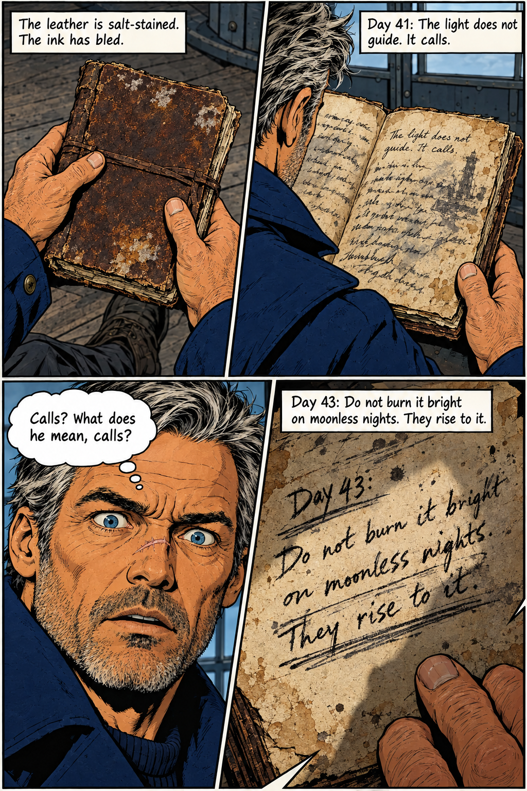 Elias looks at two different pages of a heavily damaged leather-bound journal, one of which has a large drawing of a lighthouse, and he thinks to himself about the meaning of a line in the journal. A close up of the journal emphasizes the text that reads, "Day 43: Do not burn it bright on moonless nights. They rise to it."