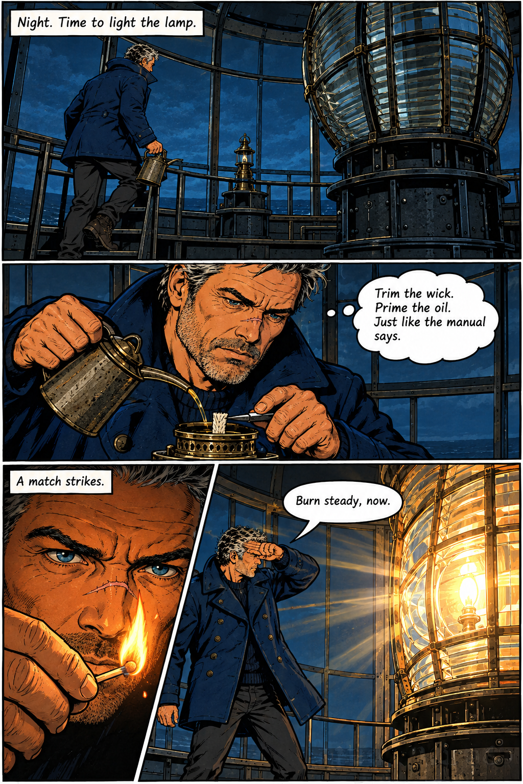 A man in a dark blue coat climbs stairs toward a large lighthouse lamp at night, then pours oil into a smaller lamp, lights it with a match, and observes the now brightly lit large lamp.