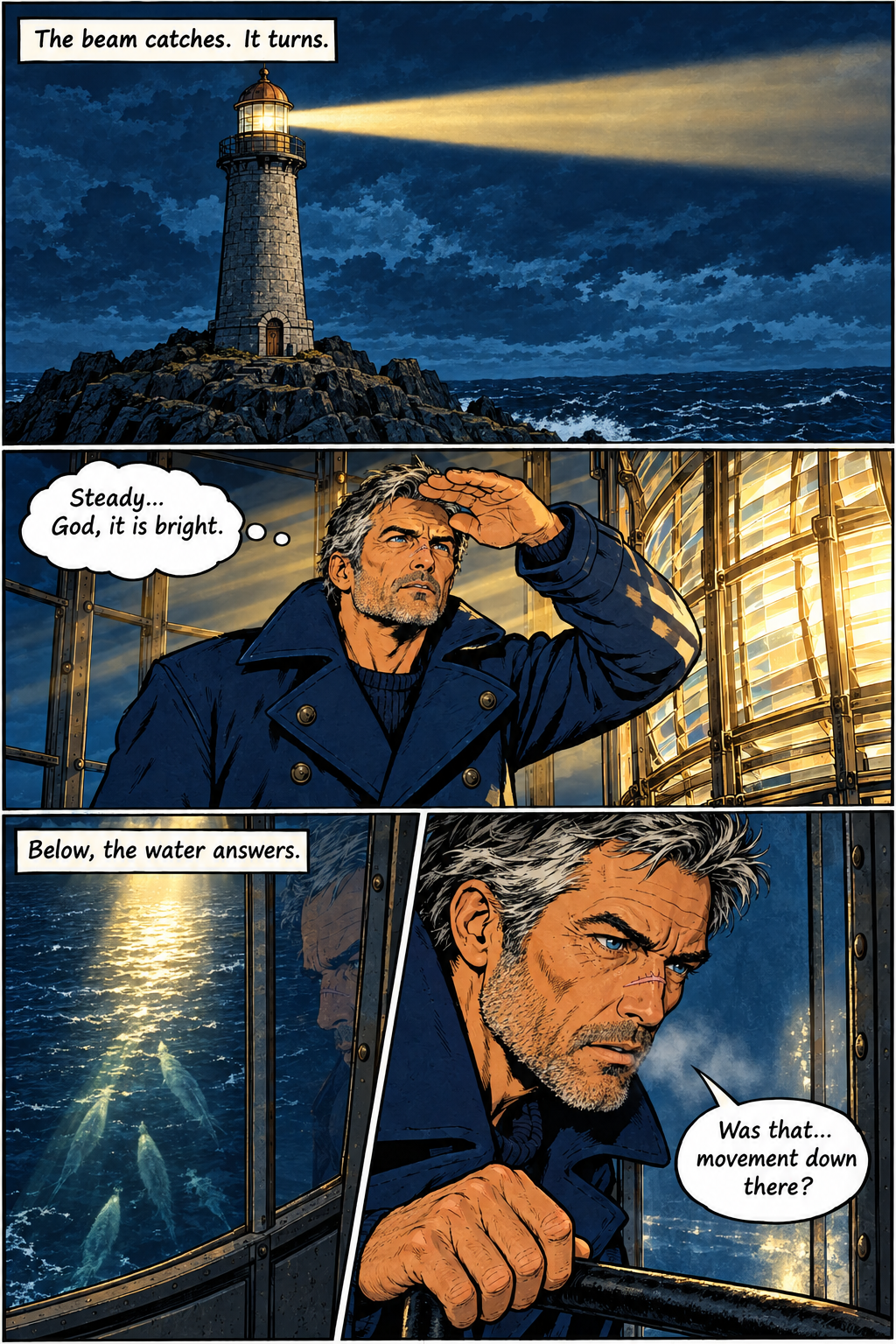 A lighthouse beam sweeps across the dark ocean, and inside the lighthouse, a man with salt-and-pepper hair, wearing a pea coat, shields his eyes from the bright light before looking down to see several ghostly figures swimming underwater.