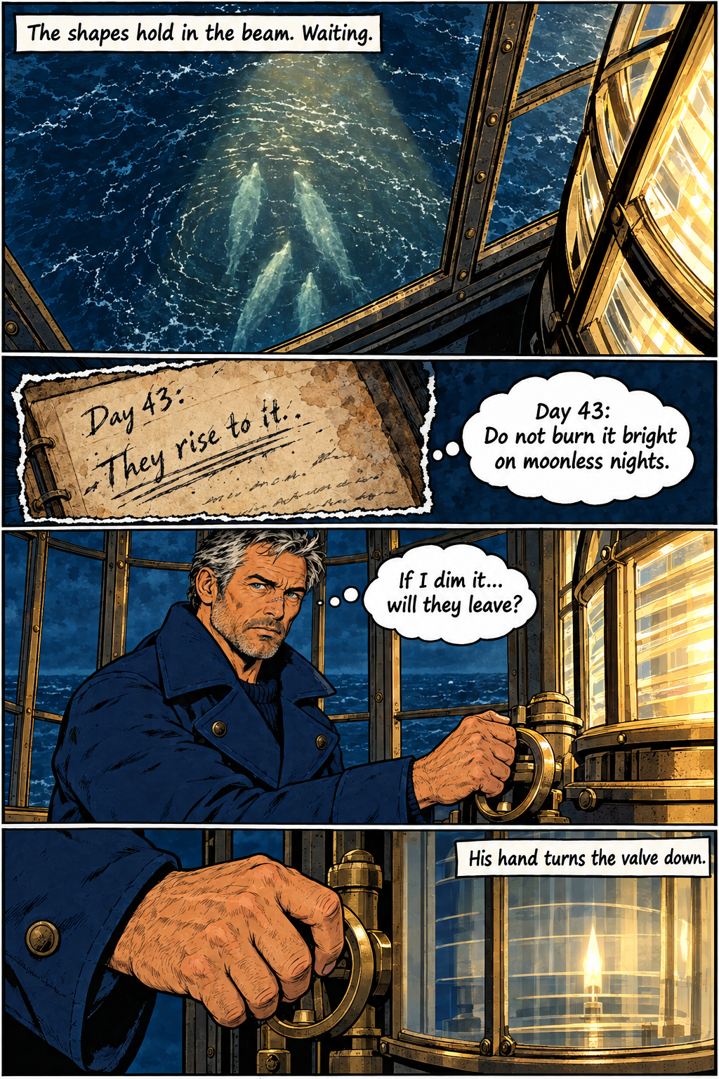 In the first panel, a beam of light shines from a lighthouse window onto dark, choppy ocean water where three large, pale, fish-like shapes are visible beneath the surface, forming concentric rings on the water. The second panel shows an open journal page that reads, "Day 43: They rise to it.." and a thought bubble that reads, "Day 43: Do not burn it bright on moonless nights." The third panel shows Elias, a grizzled man with salt-and-pepper hair, looking intently to his right while holding the brass valve of a lighthouse lamp, with a thought bubble above him that says, "If I dim it... will they leave?" The final panel is a close-up of Elias's hand turning the brass valve of the lighthouse lamp down, with a caption stating, "His hand turns the valve down."