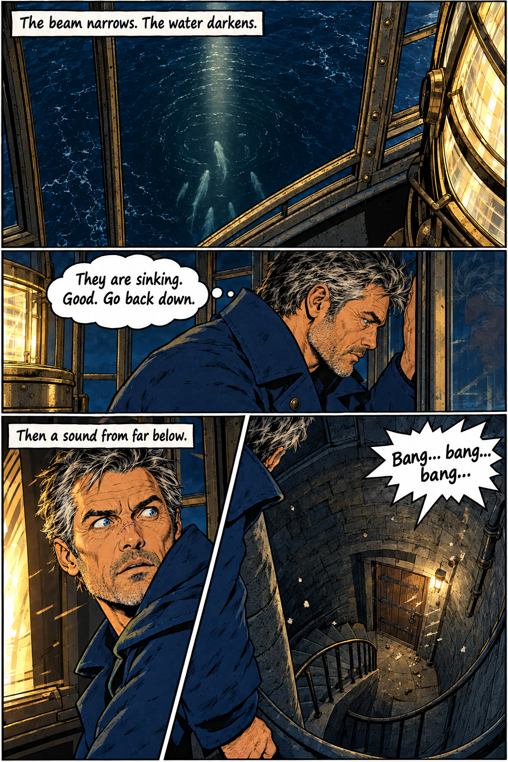 From a lighthouse window, a beam of light shines into dark water where several white, whale-like shapes are sinking; inside the lighthouse, a man with salt-and-pepper hair, Elias, looks out a window with a pensive expression, then turns abruptly, his eyes wide, to look down a spiral staircase where a door at the bottom shows a faint light and a sound effect indicates pounding.