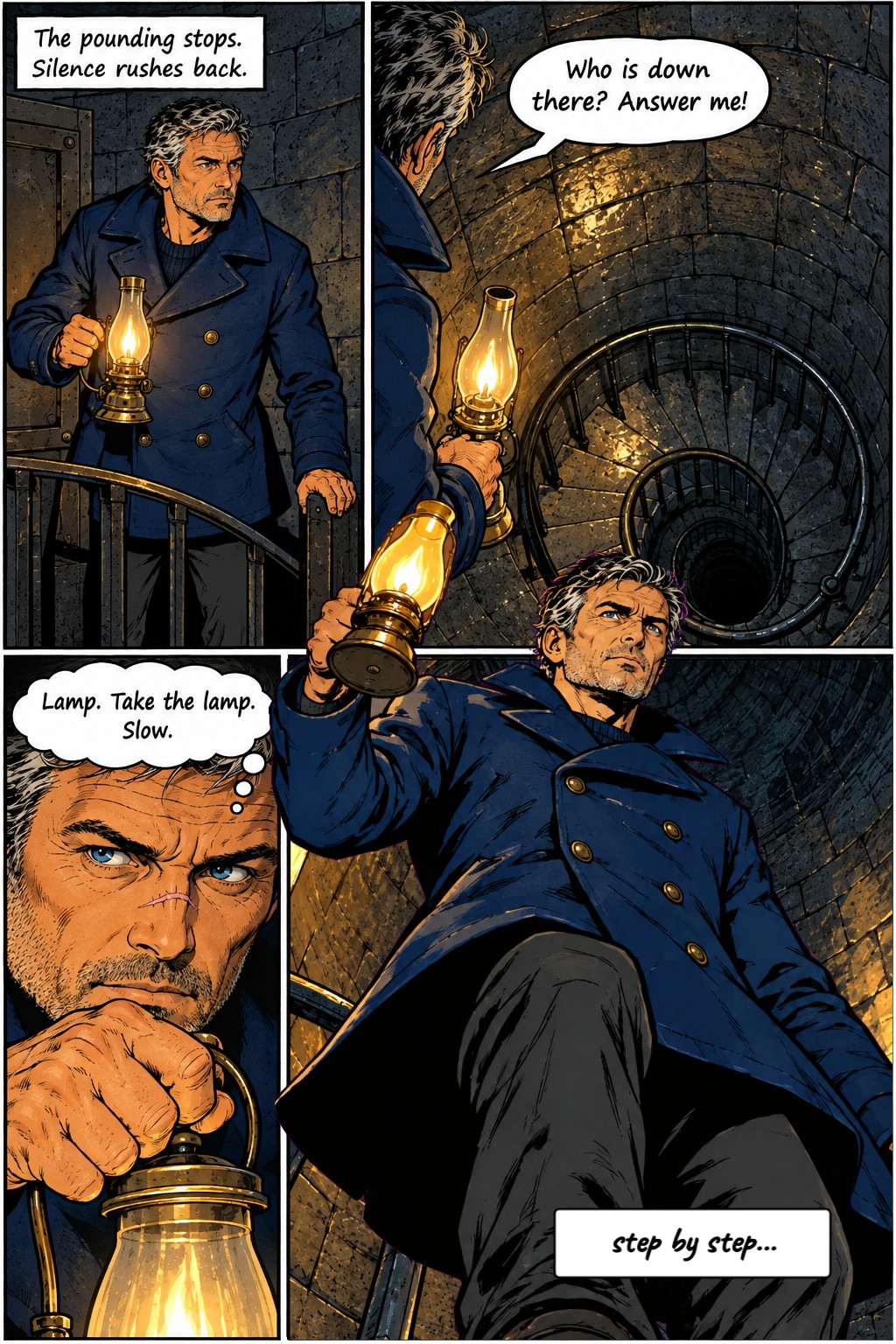 Elias holds a lit lamp and cautiously descends a dark, winding stone staircase.