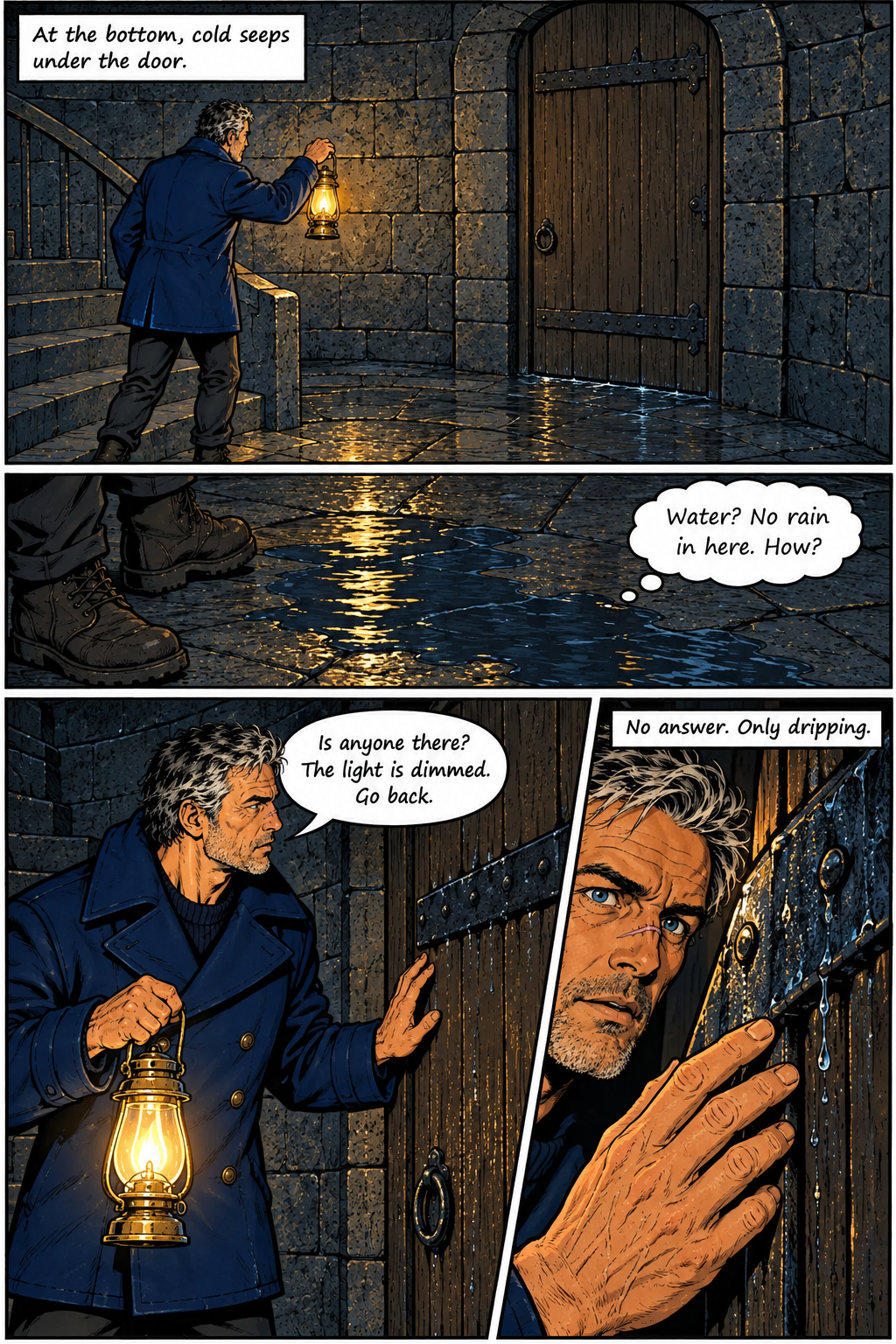 Elias holds a lantern and looks at the wooden door of a stone building where water is seeping in from under the door, and he peers through the door's opening.