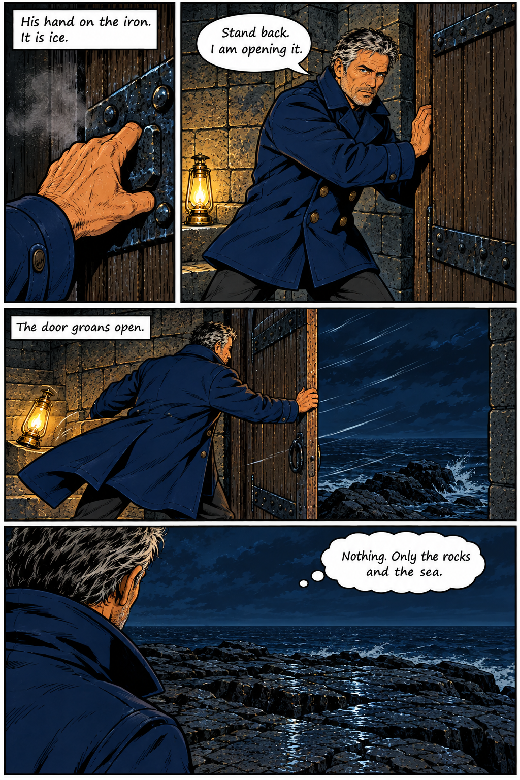 Elias opens a heavy wooden door to reveal a stormy night sea and rocky shore, then looks out at the moonlit ocean.