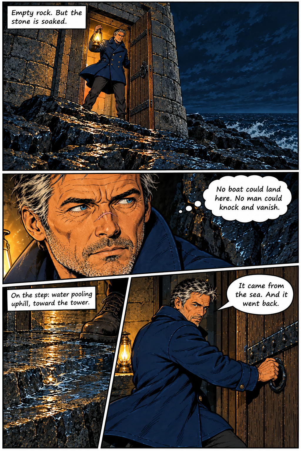 Elias stands in the doorway of a stone tower at night, holding a lantern, looking out at the rocky shore and the dark, choppy sea, while also shown in close-up looking thoughtful, and from behind as he touches the door handle.