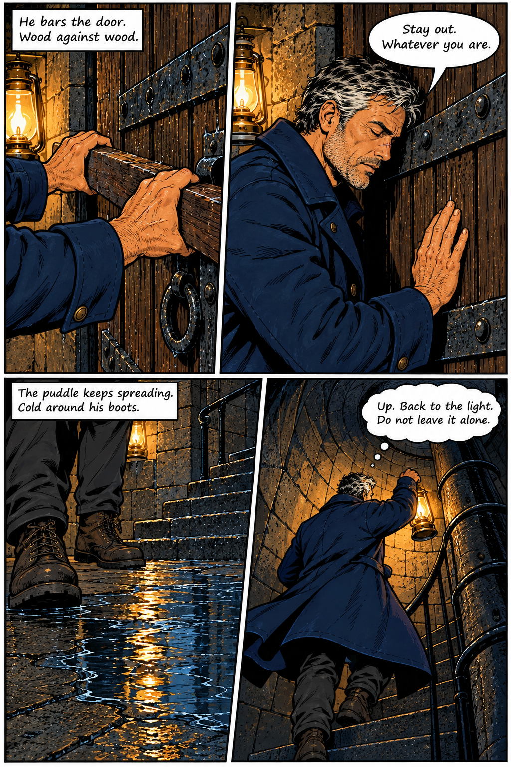 A man with salt-and-pepper hair, wearing a dark blue coat, first bars a wooden door, then leans his head against it, then stands near a spreading puddle, and finally ascends a stone spiral staircase while holding a lantern.