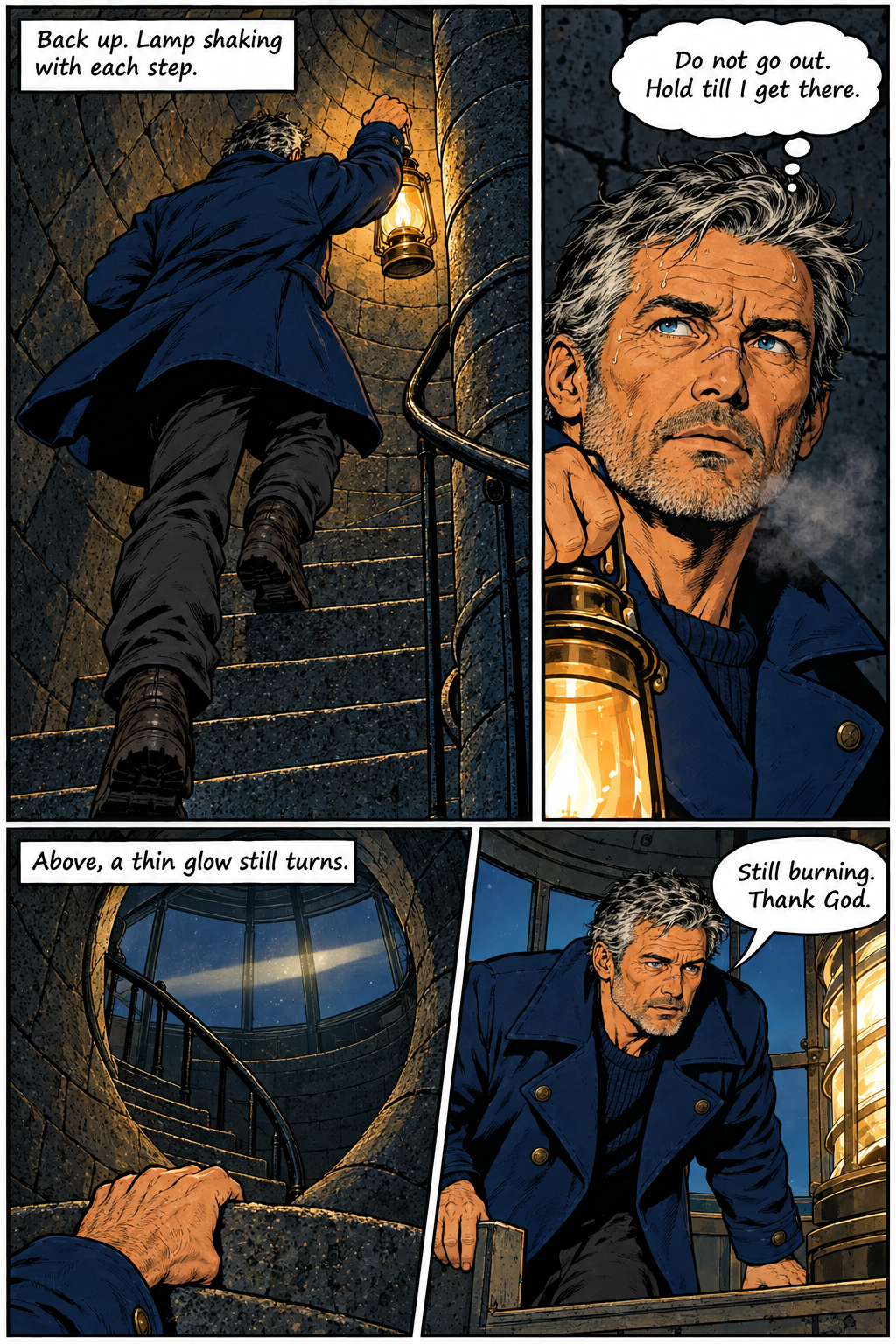 A man climbs a winding stone staircase in a lighthouse, holding a lantern; he thinks to himself, and then he looks up to the top of the lighthouse where a light glows.