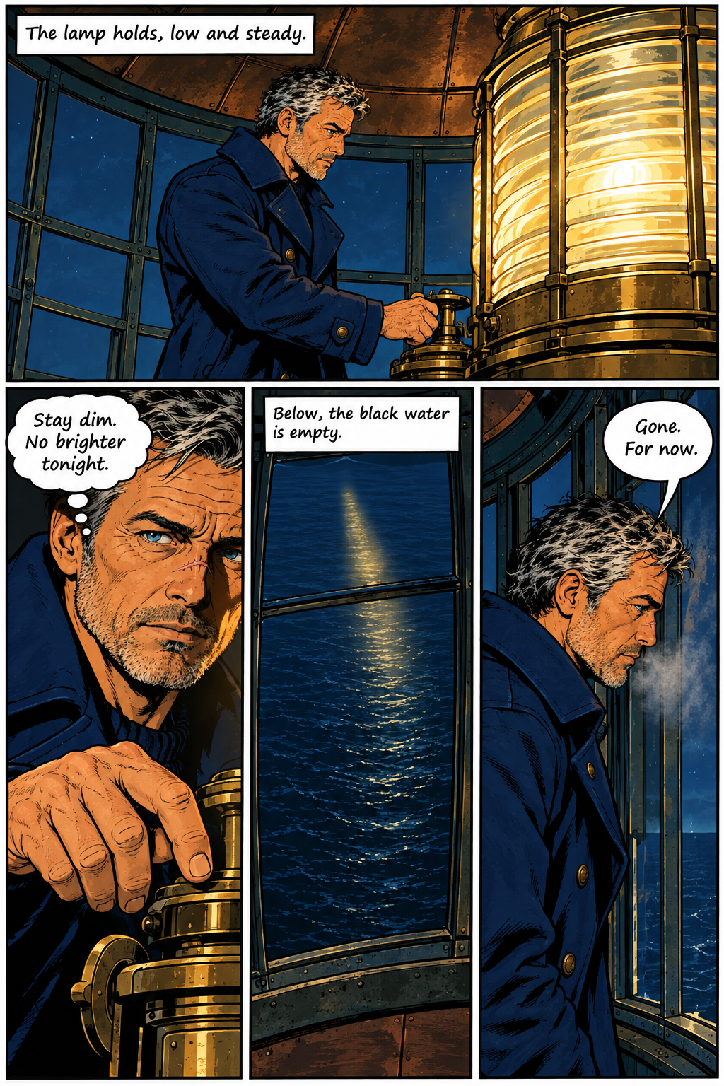 A man with salt-and-pepper hair, dressed in a dark blue coat, stands in a lighthouse adjusting a lamp and looking out at the dark, empty sea.