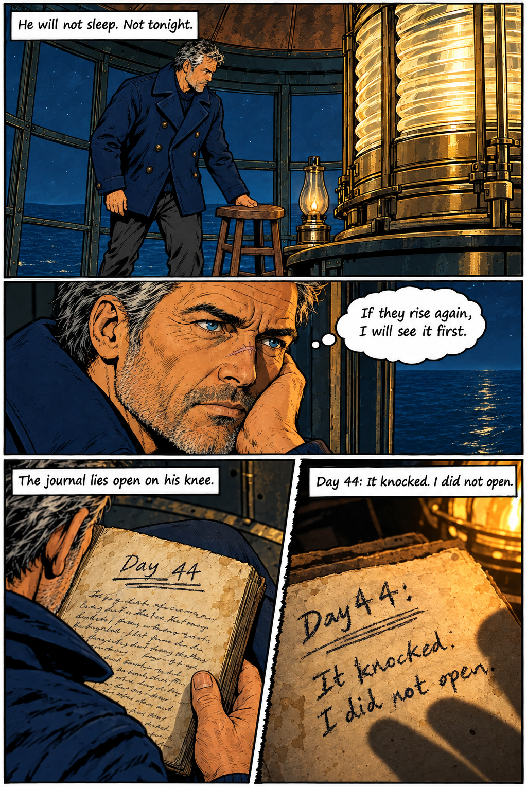 Elias, a man with salt-and-pepper hair, stands and then sits in a lighthouse lantern room at night, looking out at the dark ocean, before looking down at his journal open on his knee.