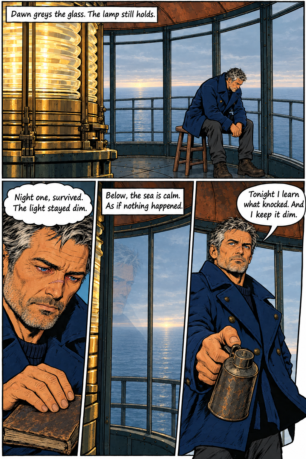 Elias sits on a stool inside the lighthouse, looking out at the calm ocean at dawn, then stands in three close-up panels where he has a scar on his nose and is holding an old book and later a metal oil can.