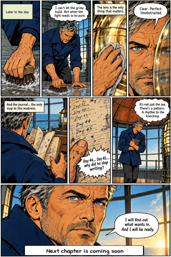 A man with salt-and-pepper hair, deep-set blue eyes, and a scar across the bridge of his nose meticulously cleans the base of a lighthouse lens with a brush and cloth, then reads an old journal before looking directly at the viewer with a determined expression.