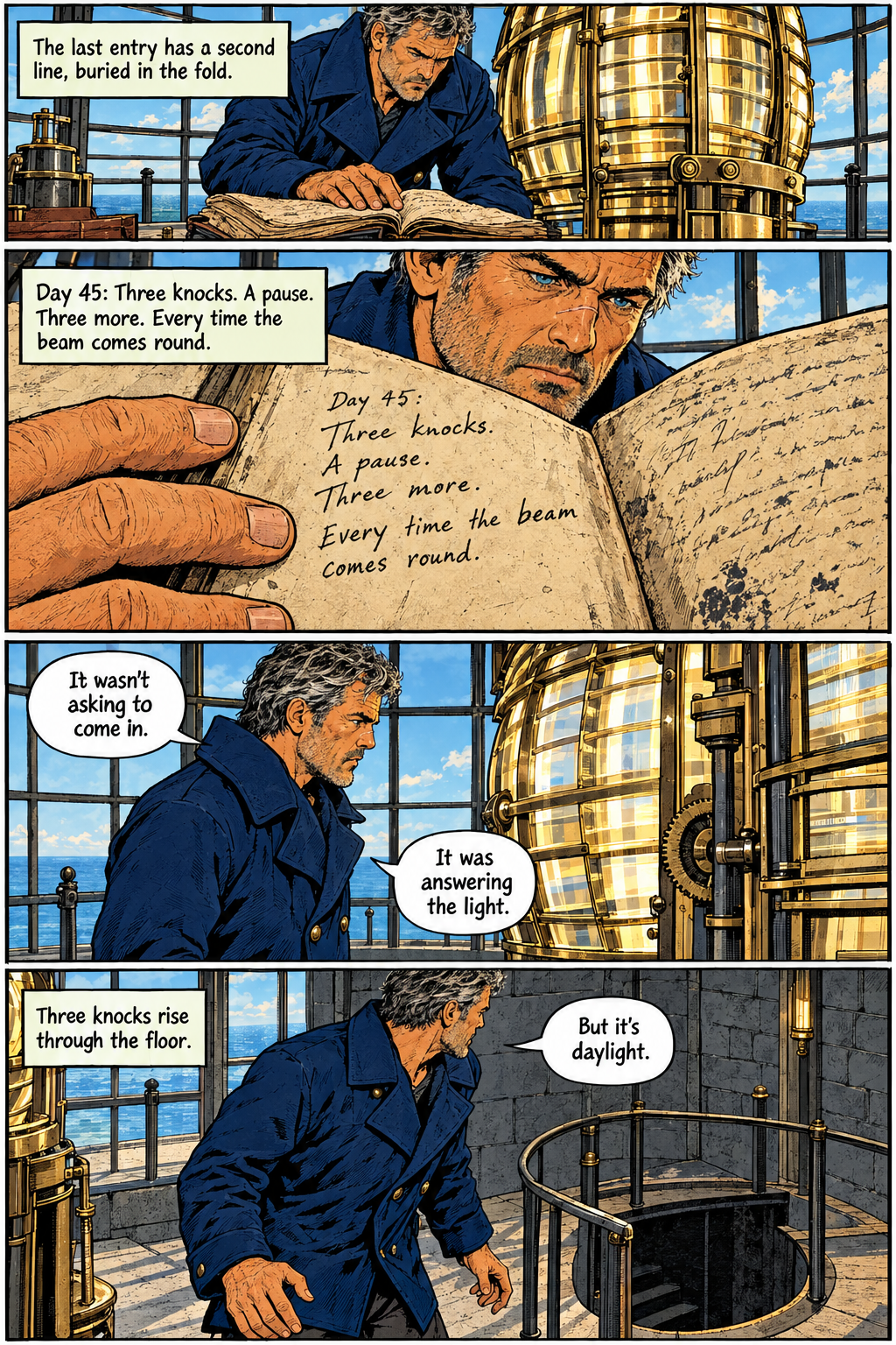 In four panels, Elias studies the previous keeper's journal beside the lighthouse lens in daylight, realizes the knocking answers the rotating beam, then turns toward the stairwell as three knocks rise through the floor.
